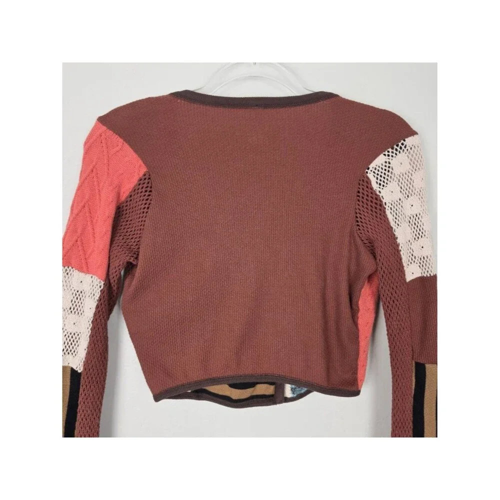 Free People Pieces Of Me Top Patchwork Knit Long Sleeve Crop Multicolor Size XS